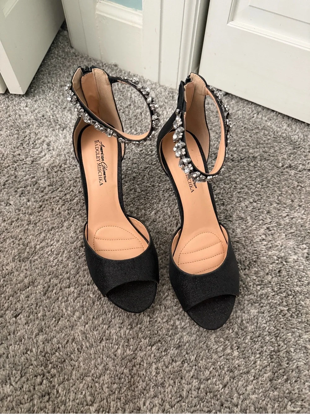 Badgley Mischka Black Crystal-Ankle Open-Toe Heels
